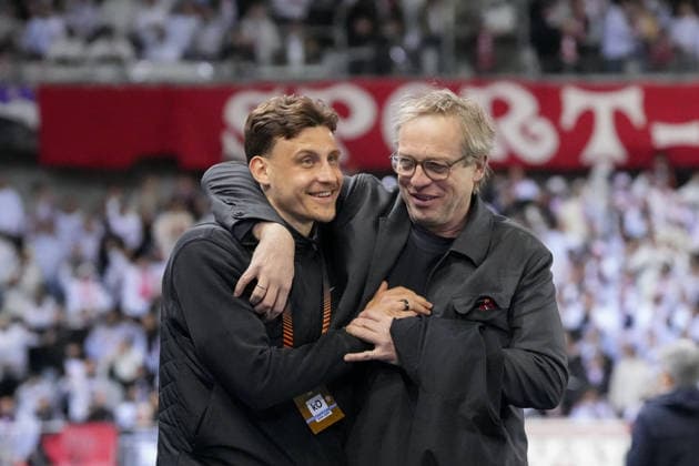 Maximilian Eggestein SC Freiburg, 08 and Klemens Hartenbach SC Freiburg, Sports Director , Belgium, Football, UEFA Europa League, Round of 16 first leg, 2025 2026, KRC Genk vs SC Freiburg, 12 03 2026, KRC Genk Arena, Cegeka Arena, Genk, Belgium Genk KRC Genk Arena, Cegeka Arena Limburg Belgium Copyright: xArnexAmbergx