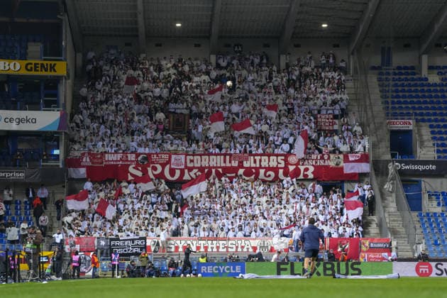Fans and Ultras in the visitors block create a good atmosphere even before the game , Belgium, Football, UEFA Europa League, Round of 16 first leg, 2025 2026, KRC Genk vs SC Freiburg, 12 03 2026, KRC Genk Arena, Cegeka Arena, Genk, Belgium Genk KRC Genk Arena, Cegeka Arena Limburg Belgium Copyright: xArnexAmbergx