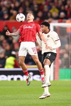 Nicolas Dominguez of Nottingham Forest and Pedro Bravo of FC Midtjylland Nottingham Forest v FC Midtjylland, UEFA Europa League, Round of 16, First Leg, Football, City Ground, Nottingham, UK - 12 Mar 2026Nottingham City Ground United Kingdom EDITORIAL USE ONLY No use with unauthorised audio, video, data, fixture lists, club league logos or live services. Online in-match use limited to 120 images, no video emulation. No use in betting, games or single club league player publications. Copyright: xRyanxBrowne Shutterstockx 16746750q