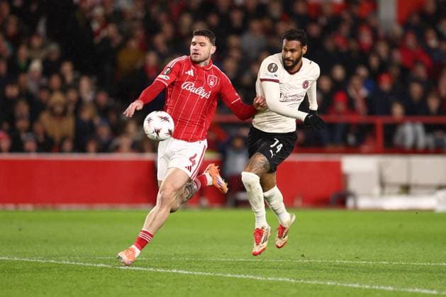 Morato of Nottingham Forest and Junior Brumado of FC Midtjylland Nottingham Forest v FC Midtjylland, UEFA Europa League, Round of 16, First Leg, Football, City Ground, Nottingham, UK - 12 Mar 2026Nottingham City Ground United Kingdom EDITORIAL USE ONLY No use with unauthorised audio, video, data, fixture lists, club league logos or live services. Online in-match use limited to 120 images, no video emulation. No use in betting, games or single club league player publications. Copyright: xRyanxBrowne Shutterstockx 16746750w