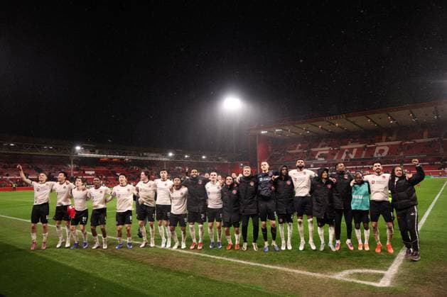 FC Midtjylland celebrate after the match. Nottingham Forest v FC Midtjylland, UEFA Europa League, Round of 16, First Leg, Football, City Ground, Nottingham, UK - 12 Mar 2026Nottingham City Ground United Kingdom EDITORIAL USE ONLY No use with unauthorised audio, video, data, fixture lists, club league logos or live services. Online in-match use limited to 120 images, no video emulation. No use in betting, games or single club league player publications. Copyright: xRyanxBrowne Shutterstockx 16746750aw
