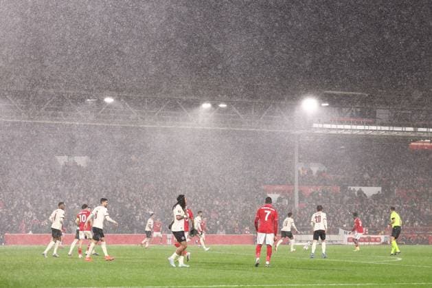 The rain falls during the game. Nottingham Forest v FC Midtjylland, UEFA Europa League, Round of 16, First Leg, Football, City Ground, Nottingham, UK - 12 Mar 2026Nottingham City Ground United Kingdom EDITORIAL USE ONLY No use with unauthorised audio, video, data, fixture lists, club league logos or live services. Online in-match use limited to 120 images, no video emulation. No use in betting, games or single club league player publications. Copyright: xRyanxBrowne Shutterstockx 16746750bi