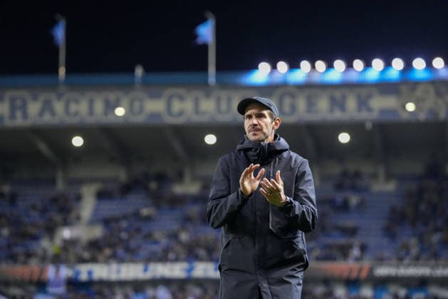 The team thanks the fans and Ultras after the match, Julian Schuster SC Freiburg, Coach , Belgium, Football, UEFA Europa League, Round of 16 first leg, 2025 2026, KRC Genk vs SC Freiburg, 12 03 2026, KRC Genk Arena, Cegeka Arena, Genk, Belgium Genk KRC Genk Arena, Cegeka Arena Limburg Belgium Copyright: xArnexAmbergx