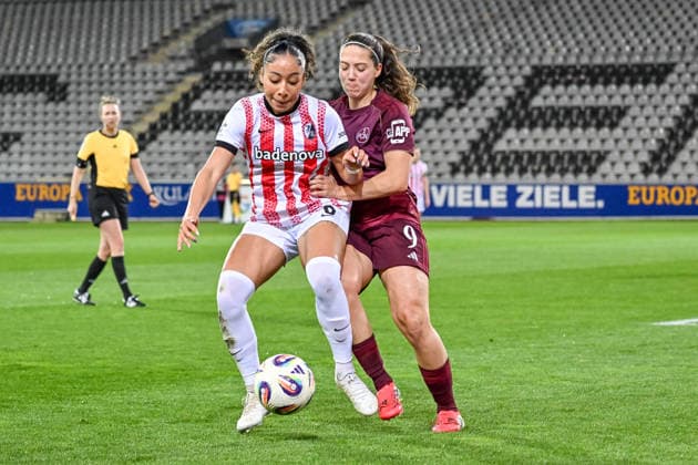 Nicole Ojukwu SC Freiburg, 06 , Laura Miller 1 FC Nuernberg, 09 in duel GER, SC Freiburg 1 FC Nuernberg, Women Football, Google Pixel Women Bundesliga, 20 Matchday, Season 2025 2026, 13 03 2026 DFB REGULATIONS PROHIBIT ANY USE OF PHOTOGRAPHS AS IMAGE SEQUENCES AND OR QUASI VIDEO GER, SC Freiburg 1 FC Nuernberg, Women Football, Google Pixel Women Bundesliga, 20 Matchday, Season 2025 2026, 13 03 2026 Freiburg Copyright: xEibner-Pressefoto ThomasxHessx EP_THS