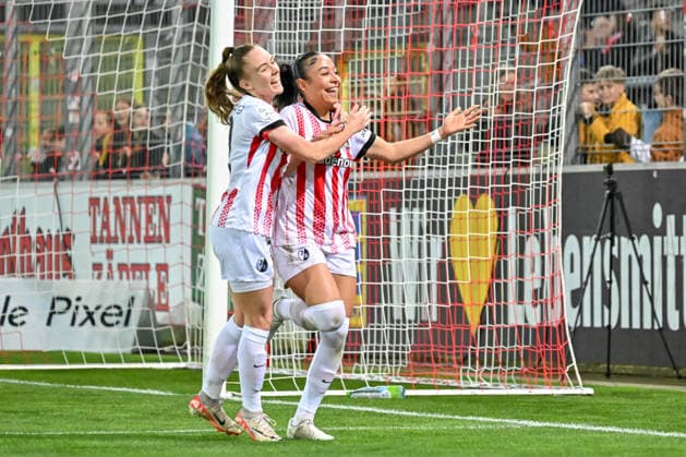 Cheering after the 1-0 goal by Nicole Ojukwu SC Freiburg, 06 GER, SC Freiburg 1 FC Nuernberg, Women Football, Google Pixel Women Bundesliga, Matchday 20, Season 2025 2026, 13 03 2026 DFB REGULATIONS PROHIBIT ANY USE OF PHOTOGRAPHS AS IMAGE SEQUENCES AND OR QUASI VIDEO GER, SC Freiburg 1 FC Nuernberg, Women Football, Google Pixel Women Bundesliga, Matchday 20, Season 2025 2026, 13 03 2026 Freiburg Copyright: xEibner-Pressefoto ThomasxHessx EP_THS