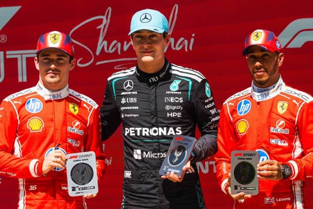 Formula 1 Heineken Chinese Grand Prix 2026 Levi Erb OVERTAKE MAXPPP - Shanghai 14 03 2026 16 LECLERC Charles (mon), Scuderia Ferrari HP, portrait 44 HAMILTON Lewis (gbr), Scuderia Ferrari HP, portrait 63 RUSSELL George (gbr), Mercedes-AMG PETRONAS Formula One Team, portrait at the Formula 1 Heineken Chinese Grand Prix 2026, the 2nd round of the 2026 FIA Formula 1 World Championship, WM, Weltmeisterschaft at the Shanghai International Circuit in Shanghai, China, from 12 to 15 March 2026 Shanghai Shanghai International Circuit China Copyright: xOVERTAKE MAXPPPxLevixErbx OVT202603145342 OVT202603145342