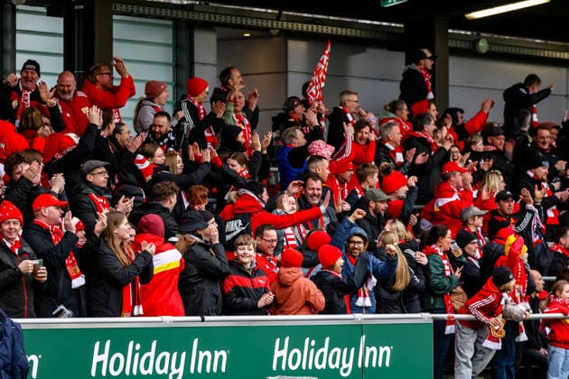 Union fans cheer, goal celebration, cheers over goal to 0 1, RB Leipzig Women vs 1 FC Union Berlin Women, Football, Google Pixel Women Bundesliga, 20 Matchday, Season 2025 2026, 14 03 2026 ,¨ DFL REGULATIONS PROHIBIT ANY USE OF PHOTOGRAPHS AS IMAGE SEQUENCES AND OR QUASI VIDEO,¨ RB Leipzig Women vs 1 FC Union Berlin Women, Football, Google Pixel Women Bundesliga, Matchday 20, Season 2025 2026, 14 03 2026 Leipzig Copyright: xEibner-Pressefoto LauraxRoemerx EP_LRR