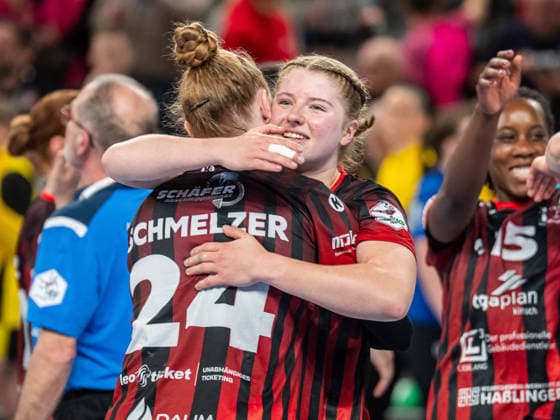 Nina Engel HSG Bensheim Auerbach, 06 is happy with Meike Schmelzer HSG Bensheim Auerbach, 24 , Thueringer HC vs HSG Bensheim Auerbach, Handball, DHB Pokal Haushahn Final 4, Season 2025 2026, 14 03 2026 Thueringer HC vs HSG Bensheim Auerbach, Handball, DHB Pokal Haushahn Final 4, Season 2025 2026, 14 03 2026 Stuttgart Copyright: xMichaelxSchmidt Eibner-Pressefotx EP_MST