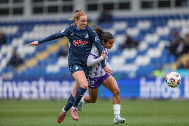 GER, Hoffenheim, TSG Hoffenheim vs SGS Essen, Google Pixel Womens Bundesliga, Football, DFB, Season 2025 2026, Dietmar Hopp Stadium, 20 Matchday in picture v l Nikà e van Dijk TSG Hoffenheim Women 25 , Ella Touon SGS Essen Women 32 , Duel DFB DFL REGULATIONS PROHIBIT ANY USE OF PHOTOGRAPHS AS IMAGE SEQUENCES AND OR QUASI VIDEO, 15 03 2026 Copyright: HMBxMedia HendrikxHamelau