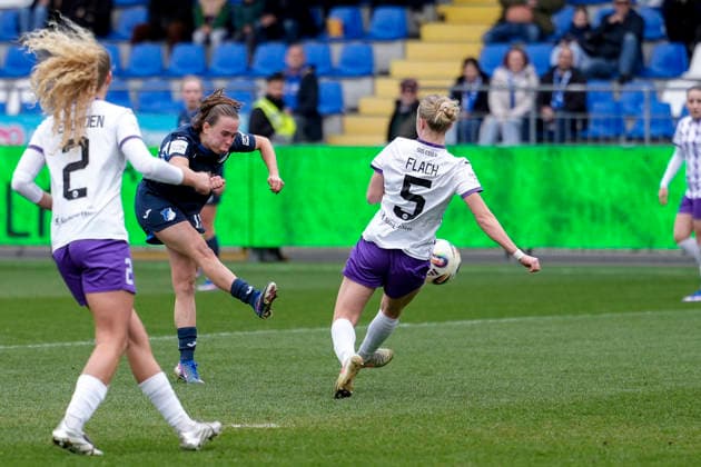 from left Julie Terlinden SGS, 2 , goal scorer Marie Steiner TSG, 19 , Paula Flach SGS, 5 , scores the goal to 1 0, goal, goal success, highlight, action, action scene, 15 03 2026, Sinsheim Hoffenheim Germany , Football, Google Pixel Women Bundesliga, TSG 1899 Hoffenheim SGS Essen, DFB DFL REGULATIONS PROHIBIT ANY USE OF PHOTOGRAPHS AS IMAGE SEQUENCES AND OR QUASI VIDEO xozx