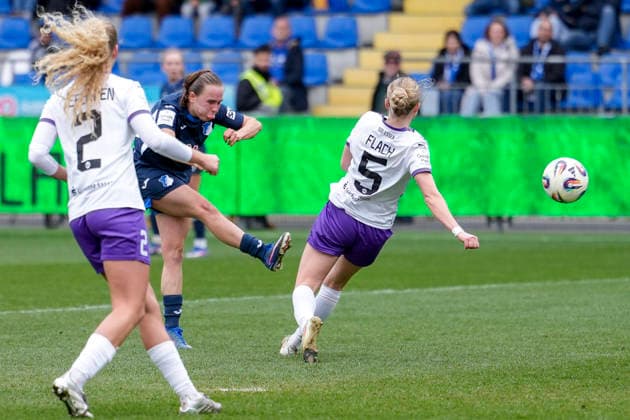 from left Julie Terlinden SGS, 2 , goal scorer Marie Steiner TSG, 19 , Paula Flach SGS, 5 , scores the goal to 1 0, goal, goal success, highlight, action, action scene, 15 03 2026, Sinsheim Hoffenheim Germany , Football, Google Pixel Women Bundesliga, TSG 1899 Hoffenheim SGS Essen, DFB DFL REGULATIONS PROHIBIT ANY USE OF PHOTOGRAPHS AS IMAGE SEQUENCES AND OR QUASI VIDEO xozx
