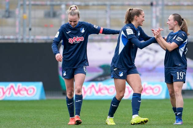 from left Vanessa Diehm TSG, 6 , goal scorer Lisann Kaut TSG, 4 , Marie Steiner TSG, 19 , players of TSG 1899 Hoffenheim, cheer about the goal to 2 0, jubilation, goal celebration, celebrate the goal, goal, celebration, cheers about the goal, rejoicing, joy, rejoices, optimistic, positive, game scene, highlight, action, 15 03 2026, Sinsheim Hoffenheim Germany , Soccer, Google Pixel Women Bundesliga, TSG 1899 Hoffenheim SGS Essen, DFB DFL REGULATIONS PROHIBIT ANY USE OF PHOTOGRAPHS AS IMAGE SEQUENCES AND OR QUASI VIDEO xozx