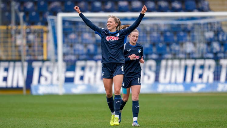from left goal scorer Lisann Kaut TSG, 4 , Valesca Ampoorter TSG, 18 , players of TSG 1899 Hoffenheim, celebrate the goal to 2 0, jubilation, goal celebration, celebrate the goal, goal, celebration, cheers about the goal, rejoicing, joy, rejoices, optimistic, positive, game scene, highlight, action, action, 15 03 2026, Sinsheim Hoffenheim Germany , Soccer, Google Pixel Women Bundesliga, TSG 1899 Hoffenheim SGS Essen, DFB DFL REGULATIONS PROHIBIT ANY USE OF PHOTOGRAPHS AS IMAGE SEQUENCES AND OR QUASI VIDEO xozx