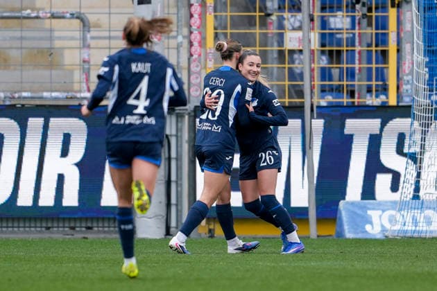 from left Lisann Kaut TSG, 4 , Selina Cerci TSG, 29 , goal scorer Janna Grimm TSG, 26 , players of TSG 1899 Hoffenheim, cheer about the goal to 3 0, jubilation, goal celebration, celebrate the goal, goal, celebration, cheers about the goal, rejoicing, joy, rejoices, optimistic, positive, game scene, highlight, action, 15 03 2026, Sinsheim Hoffenheim Germany , Soccer, Google Pixel Women Bundesliga, TSG 1899 Hoffenheim SGS Essen, DFB DFL REGULATIONS PROHIBIT ANY USE OF PHOTOGRAPHS AS IMAGE SEQUENCES AND OR QUASI VIDEO xozx