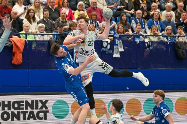 Erik Persson Frisch Auf Goeppingen, 22 vs Hendrik Wagner TBV Lemgo Lippe, 28 TBV Lemgo Lippe vs Frisch Auf Goeppingen, Handball, 1 Bundesliga, 25 Matchday, Season 2025 2026, 15 03 2026, TBV Lemgo Lippe vs Frisch Auf Goeppingen, Handball, 1 Bundesliga, 25 Matchday, Season 2025 2026, 15 03 2026 Lemgo Copyright: xEibner-Pressefoto RobertxGertzenx EP_RGN