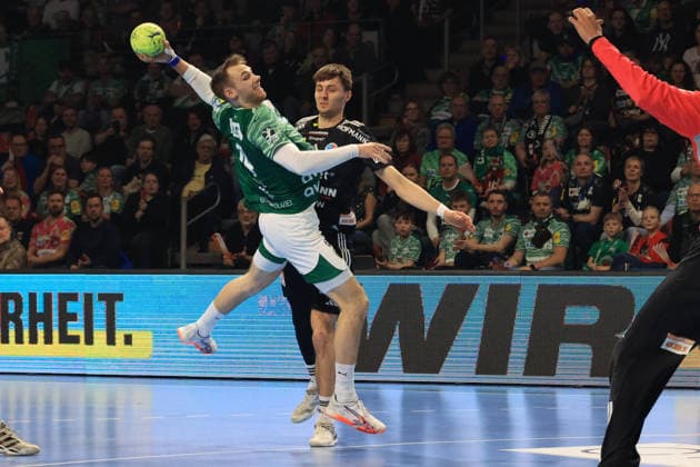 DEU, DHB, 1 HBL, Fuechse Berlin vs Erlangen, 15 03 2026, Max Schmeling Halle, Berlin, DEU, DHB, 1 HBL, Fuechse Berlin vs Erlangen, in the picture Mathias Gidsel Fuechse Berlin 19 , Tim Goemmel Erlangen 95 nordphotoxGmbHx xEngler nph00076