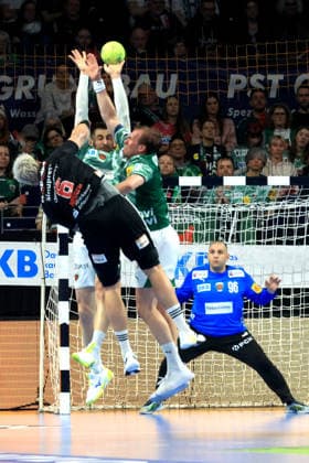 DEU, DHB, 1 HBL, Fuechse Berlin vs Erlangen, 15 03 2026, Max Schmeling Halle, Berlin, DEU, DHB, 1 HBL, Fuechse Berlin vs Erlangen, pictured Nejc Cehte Fuechse Berlin 22 , Max Darj Fuechse Berlin 5 , Dejan Milosavljev Fuechse Berlin 96 , Marek Nissen Erlangen 6 nordphotoxGmbHx xEngler nph00076