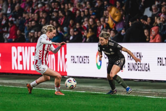 Carlotta Imping 1 FC Koeln, 14 and Barbara Dunst FC Bayern Muenchen, 28 in a duel on the sideline 1 FC Köln vs FC Bayern München, Football, Google Pixel Womens Bundesliga, Matchday 20, Season 2025 26, 15 03 2026, 1 FC Köln vs FC Bayern München, Football, Google Pixel Womens Bundesliga, Matchday 20, Season 2025 26, 13 03 2026 Köln Copyright: xEibner-Pressefoto LukasxBaldygax EP_LBA