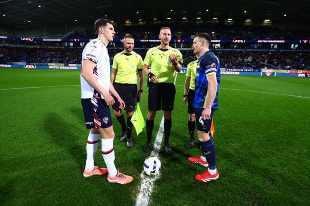 Eoin Toal of Bolton Wanderers and Owen Bailey of Doncaster Rovers during the coin toss Bolton Wanderers v Doncaster Rovers, Sky Bet League One, Football, Toughsheet Community Stadium, Bolton, UK - 17 Mar 2026Bolton Toughsheet Community Stadium United Kingdom EDITORIAL USE ONLY No use with unauthorised audio, video, data, fixture lists, club league logos or live services. Online in-match use limited to 120 images, no video emulation. No use in betting, games or single club league player publications. Copyright: xPaulxCurrie Shutterstockx 16776367t