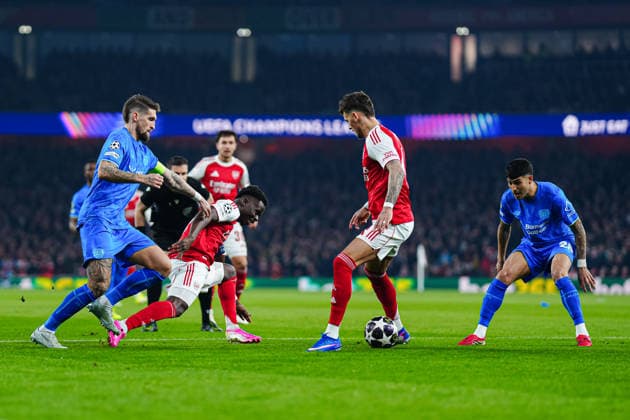 Robert Andrich Bayer 04 Leverkusen, 08 , Bukayo Saka FC Arsenal, 07 , Ben White FC Arsenal, 04 ENG, FC Arsenal vs Bayer 04 Leverkusen, Football, UEFA Champions League, Round of 16, 2025 2026 season, 17 03 2026 ENG, FC Arsenal vs Bayer 04 Leverkusen, Football, UEFA Champions League, Round of 16, 2025 2026 season, 17 03 2026 London Copyright: xEibner-Pressefoto MarcelxvonxFehrnx EP_MFN