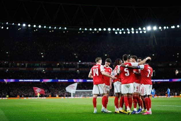 Eberechi Eze of Arsenal celebrates after scoring a goal (1-0) Arsenal v Bayer 04 Leverkusen, UEFA Champions League, Round of 16, Second Leg, Football, Emirates Stadium, London, UK - 17 Mar 2026London Emirates Stadium United Kingdom EDITORIAL USE ONLY No use with unauthorised audio, video, data, fixture lists, club league logos or live services. Online in-match use limited to 120 images, no video emulation. No use in betting, games or single club league player publications. Copyright: xSimonxDael Shutterstockx 16776376bd