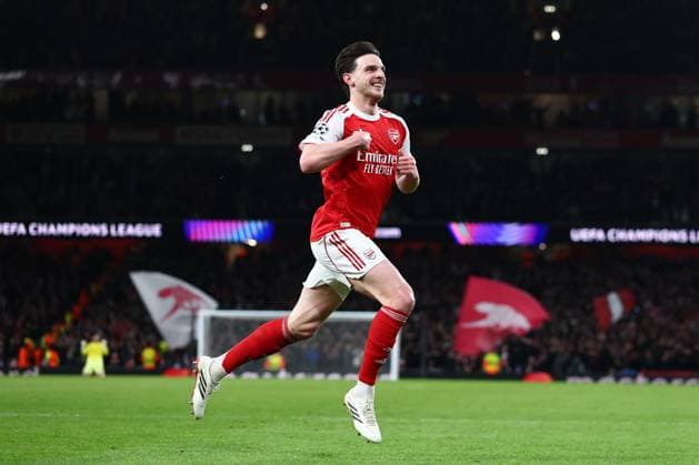 Declan Rice of Arsenal celebrates after scoring a goal (2-0) Arsenal v Bayer 04 Leverkusen, UEFA Champions League, Round of 16, Second Leg, Football, Emirates Stadium, London, UK - 17 Mar 2026London Emirates Stadium United Kingdom EDITORIAL USE ONLY No use with unauthorised audio, video, data, fixture lists, club league logos or live services. Online in-match use limited to 120 images, no video emulation. No use in betting, games or single club league player publications. Copyright: xSimonxDael Shutterstockx 16776376bj