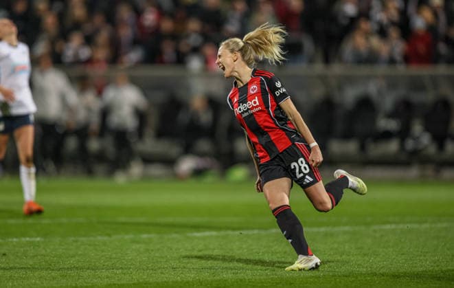 GER, Frankfurt, Eintracht Frankfurt vs TSG Hoffenheim, Google Pixel Bundesliga, Football, DFB, Season 2025 2026, Stadion am Brentanobad, 15 Matchday in picture Rebecka Blomqvist Eintracht Frankfurt Women 28 scores the 2 0, Goal, Cheers and joy, Emotions DFB DFL REGULATIONS PROHIBIT ANY USE OF PHOTOGRAPHS AS IMAGE SEQUENCES AND OR QUASI VIDEO, 18 03 2026 Copyright: HMBxMedia HendrikxHamelau
