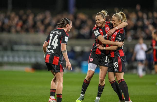 GER, Frankfurt, Eintracht Frankfurt vs TSG Hoffenheim, Google Pixel Bundesliga, Football, DFB, Season 2025 2026, Stadion am Brentanobad, 15 Matchday in picture Rebecka Blomqvist Eintracht Frankfurt Women 28 scores the 2 0, goal, cheers and joy, emotions, Geraldine Reuteler Eintracht Frankfurt Women 14 , Laura Freigang Eintracht Frankfurt Women 10 DFB DFL REGULATIONS PROHIBIT ANY USE OF PHOTOGRAPHS AS IMAGE SEQUENCES AND OR QUASI VIDEO, 18 03 2026 Copyright: HMBxMedia HendrikxHamelau