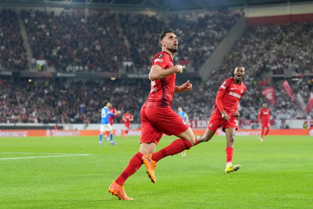 Vincenzo Grifo SC Freiburg, 32 , goal celebration, emotions, shot on goal, finish, goal, goal, goal scorer, record, record, 106 competitive goals for Sport Club, Nils Petersen surpassed, anniversary, Germany, football, UEFA Europa League, round of 16, second leg, 2025 2026, SC Freiburg vs KRC Genk, 19 03 2026, Europa Park Stadion, Freiburg, Germany Freiburg Europa Park Stadion Baden Württemberg Germany Copyright: xArnexAmbergx