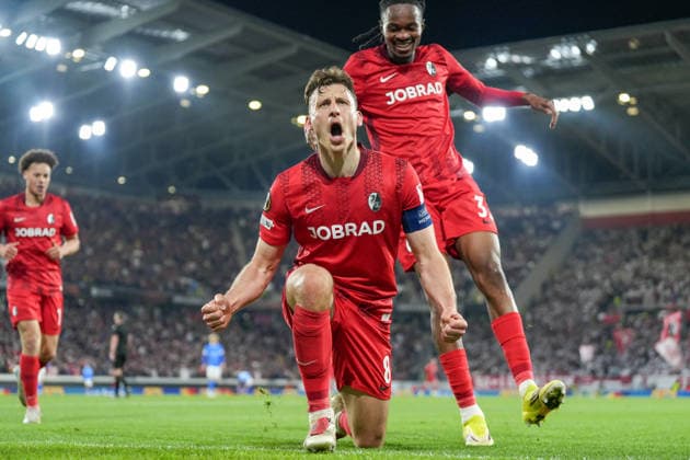 Maximilian Eggestein SC Freiburg, 08 goal celebration, emotions, goal shot, finish, goal success, goal, goal , Germany, football, UEFA Europa League, round of 16, second leg, 2025 2026, SC Freiburg vs KRC Genk, 19 03 2026, Europa Park Stadion, Freiburg, Germany Freiburg Europa Park Stadion Baden Württemberg Germany Copyright: xArnexAmbergx