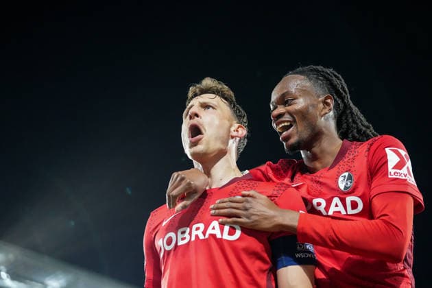 Maximilian Eggestein SC Freiburg, 08 , Jordy Makengo SC Freiburg, 33 goal celebration, emotions, goal shot, goal, goal, goal, Germany, football, UEFA Europa League, round of 16, second leg, 2025 2026, SC Freiburg vs KRC Genk, 19 03 2026, Europa Park Stadion, Freiburg, Germany Freiburg Europa Park Stadion Baden Württemberg Germany Copyright: xArnexAmbergx