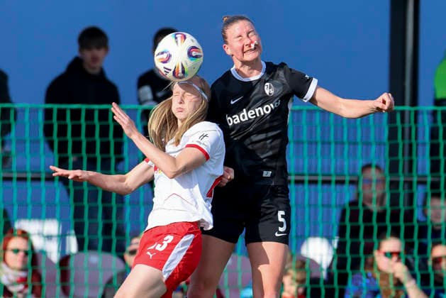 Kyra Spitzner RB Leipzig and Julia Stierli SC Freiburg battle for the ball, Google Pixel Frauen Bundesliga, RB Leipzig v SC Freiburg, RB Trainingszentrum, March 22, 2026 in Leipzig, Germany Photo by Marco Steinbrenner DeFodi Images Kyra Spitzner RB Leipzig and Julia Stierli SC Freiburg battle for the ball, Google Pixel Womens Bundesliga, RB Leipzig v SC Freiburg, RB Training Center, March 22, 2026 in Leipzig, Germany Photo by Marco Steinbrenner DeFodi Images DFB DFL REGULATIONS PROHIBIT ANY USE OF PHOTOGRAPHS AS IMAGE SEQUENCES AND OR QUASI VIDEO