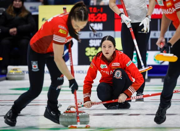 March 22, 2026, Calgary, Ab, CANADA: Team Canada skip Kerri Einarson, right, watches her shot against Switzerland as lead Karlee Burgess sweeps during the gold medal draw at the World Women™s Curling Championship in Calgary, Sunday, March 22, 2026. Kerri Einarson, Karlee Burgess - ZUMAc35_ 20260322_zaf_c35_014 Copyright: xJeffxMcintoshx