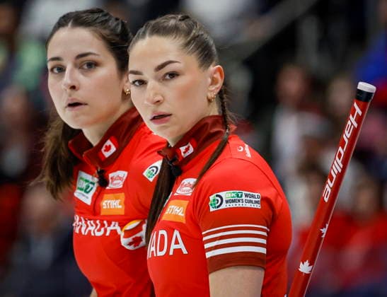 March 22, 2026, Calgary, Ab, CANADA: Team Canada second Shannon Birchard, left, and lead Karlee Burgess look on as they play Switzerland during the gold medal draw at the World Women™s Curling Championship in Calgary, Sunday, March 22, 2026. Karlee Burgess, Shannon Birchard - ZUMAc35_ 20260322_zaf_c35_018 Copyright: xJeffxMcintoshx