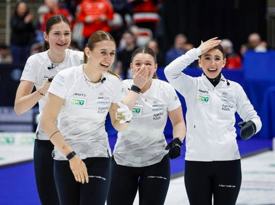 March 22, 2026, Calgary, Ab, CANADA: Switzerland lead Selina Rychiger, left to right, third Selina Gafner, vice-skip Fabienne Rieder and skip Xenia Schwaller celebrate after defeating Team Canada to win the World WomenöÄÃ s Curling Championship in Calgary, Sunday, March 22, 2026. Selina Rychiger, Fabienne Rieder, Selina Gafner, Xenia Schwaller - ZUMAc35_ 20260322_zaf_c35_042 Copyright: xJeffxMcintoshx