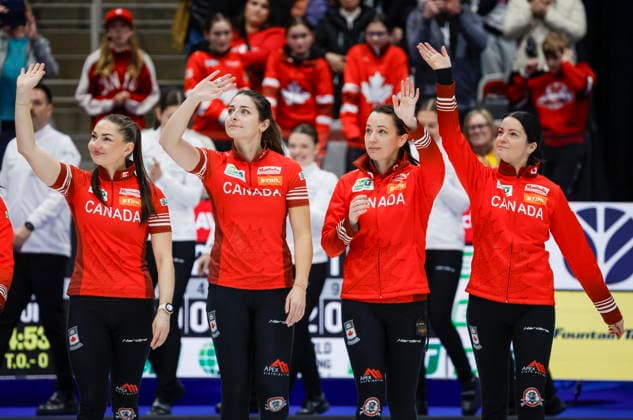 March 22, 2026, Calgary, Ab, CANADA: Canada lead Karlee Burgess, left to right, second Shannon Birchard, third Val Sweeting and skip Kerri Einarson wave to fans after losing the gold medal game to Switzerland at the World WomenöÄÃ s Curling Championship in Calgary, Sunday, March 22, 2026. Kerri Einarson, Karlee Burgess, Shannon Birchard, Val Sweeting - ZUMAc35_ 20260322_zaf_c35_046 Copyright: xJeffxMcintoshx