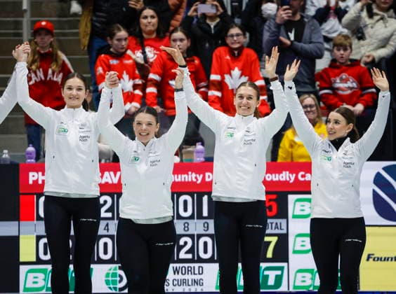 March 22, 2026, Calgary, Ab, CANADA: Switzerland lead Selina Rychiger, left to right, vice-skip Fabienne Rieder, third Selina Gafner and skip Xenia Schwaller celebrate defeating Team Canada to win the World WomenöÄÃ s Curling Championship in Calgary, Sunday, March 22, 2026. Selina Rychiger, Fabienne Rieder, Selina Gafner, Xenia Schwaller - ZUMAc35_ 20260322_zaf_c35_048 Copyright: xJeffxMcintoshx