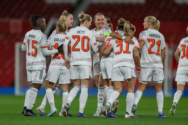 GBR, Manchester, Manchester United vs Bayern Munich, WomenÂs Champions League, Football, UEFA, 2025 2026 season, Old Trafford, quarter-final, first leg in picture Pernille Harder Bayern Munich 21 scores the 1 0, goal, joy, jubilation and emotion DFB DFL REGULATIONS PROHIBIT ANY USE OF PHOTOGRAPHS AS IMAGE SEQUENCES AND OR QUASI VIDEO, 25 03 2026 Copyright: HMBxMedia HendrikxHamelau