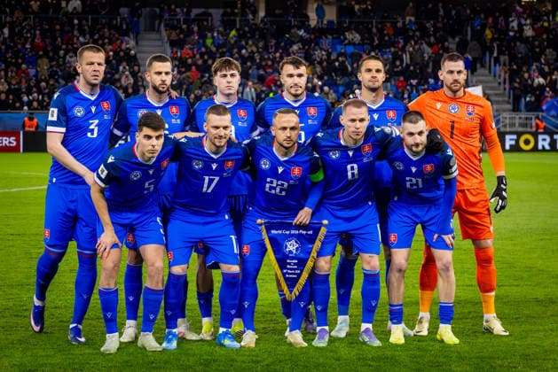 SLOVAKIA - KOSOVO Team photo of Slovakia - Martin Dubravka of Slovakia and Burnley, Denis Vavro of Slovakia and VfL Wolfsburg, Martin Valjent of Slovakia and Mallorca, Adam Obert of Slovakia and Cagliari, Ondrej Duda of Slovakia and Al Ettifaq, David Strelec of Slovakia and Middlesbrough, David Hancko of Slovakia and Atletico Madrid, Lukas Haraslin of Slovakia and Sparta Praha, Leo Sauer of Slovakia and Feyenoord, Matus Bero of Slovakia and VfL Bochum, Stanislav Lobotka of Slovakia and SSC Napoli during the knockout (KO) play off of FIFA World Cup, WM, Weltmeisterschaft, Fussball 2026 WM, Weltmeisterschaft, Fussball WM, Weltmeisterschaft, Fussball qualification football match between Slovakia and Kosovo. Narodny futbalovy stadion, National football stadium, Tehelne Pole, Bratislava, Slovakia, March 26, 2026. Photo by Branislav Racko Copyright: xx DKR_7100