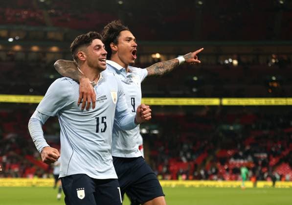 . - England v Uruguay, International Friendly, Länderspiel, Nationalmannschaft Wembley Stadium, London, UK - 27th March 2026. Daniel Weir Crystal Pix GOAL 1-1, Federico Valverde of Uruguay national team, Nationalteam goal celebration with Darwin Nunez of Uruguay National Team after scoring a penalty kick to make the score 1-1. - England v Uruguay, International Friendly, Wembley Stadium, London, UK - 27th March 2026. Daniel Weir Crystal Pix London Wembley Stadium UK Copyright: xDanielxWeirx CP_England_Uruguay_270326_DW17