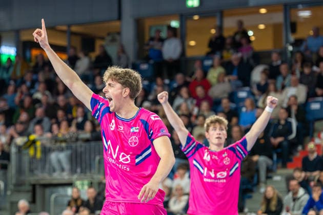 Florian Boehnert TSV Bayer Dormagen, 09 celebrates a goal HSG Krefeld Niederrhein vs TSV Bayer Dormagen, Handball, 2 HBL, 25 Matchday, Season 2025 26, 28 03 2026, HSG Krefeld Niederrhein vs TSV Bayer Dormagen, Handball, 2 HBL, 25 Matchday, Season 2025 26, 28 03 2026 Krefeld Copyright: xEibner-Pressefoto LukasxBaldygax EP_LBA