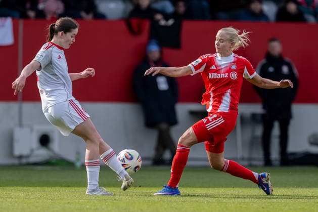 Fight for the ball duel between Marlene Lindner 1 FC Nuernberg, 14 and Pernille Harder FC Bayern Muenchen Frauen, 21 GER, FC Bayern Muenchen Frauen vs 1 FC Nuernberg, Football, Google Pixel Frauen Bundesliga, 22 Matchday, Season 2025 2026, 28 03 2026 DFL DFB REGULATIONS PROHIBIT ANY USE OF PHOTOGRAPHS as IMAGE SEQUENCES and or QUASI VIDEO GER, FC Bayern Muenchen Frauen vs 1 FC Nuernberg, Football, Google Pixel Frauen Bundesliga, 22 Spieltag, Saison 2025 2026, 28 03 2026 Muenchen Copyright: xEibner-Pressefoto HeikexFeinerx EP_HFR