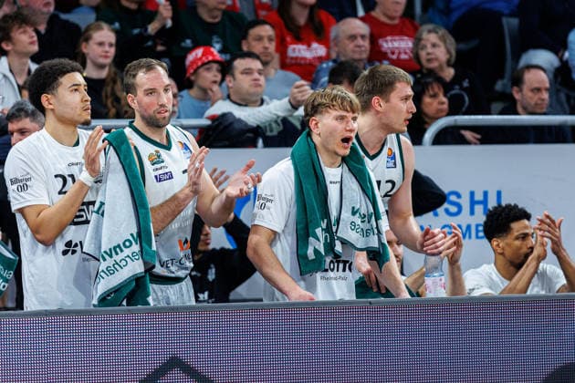 Team, squad, cheers, jubilation, positive emotions, positive emotion, BMA365 Bamberg Baskets vs Vet Concept Gladiators Trier, Basketball, easyCredit BBL, Matchday 26, 29 03 2026 BMA365 Bamberg Baskets vs Vet Concept Gladiators Trier, Basketball, easyCredit BBL, Matchday 26, 29 03 2026 Bamberg Copyright: xEibner-Pressefoto G.xSantemizx EP_EER