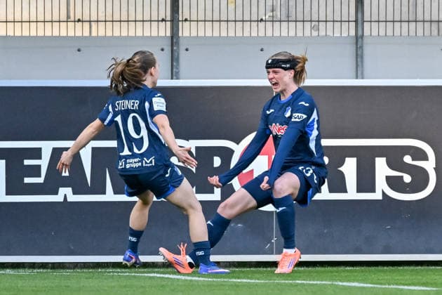 Cheering for the goal to 0 1 by Wielle Douma TSG Hoffenheim, 13 with Marie Steiner TSG Hoffenheim, 19 GER, SC Freiburg TSG Hoffenheim, Womens Football, Google Pixel Womens Bundesliga, 22 Matchday, Season 2025 2026, 29 03 2026 DFB REGULATES PROHIBIT ANY USE OF PHOTOGRAPHS AS IMAGE SEQUENCES AND OR QUASI VIDEO GER, SC Freiburg TSG Hoffenheim, Womens Football, Google Pixel Womens Bundesliga, 22 Matchday, Season 2025 2026, 29 03 2026 Freiburg Copyright: xEibner-Pressefoto ThomasxHessx EP_THS