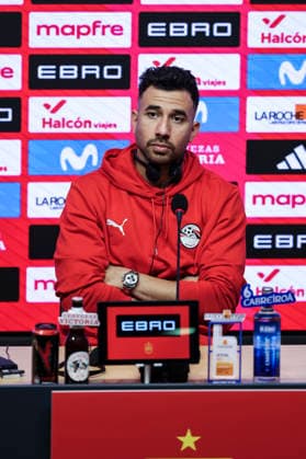 March 30, 2026, Cornella, Barcelona, SPAIN: Mahmoud Trezeguet of Egypt attends the press conference, PK, Pressekonferenz ahead of the International Friendly, Länderspiel, Nationalmannschaft football match against Spain at RCDE Stadium on March 30, 2026 in Cornella, Spain. Egypt Team Press Conference - International Friendly - ZUMAa181 20260330_zaa_a181_062 Copyright: xJavierxBorregox