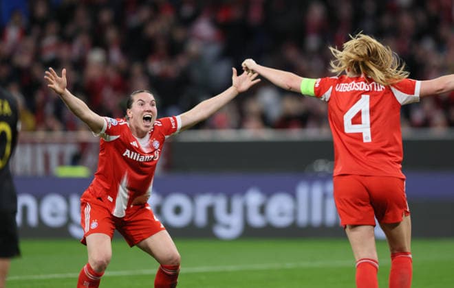 GER, Munich, Bayern Munich vs Manchester United, WomenÂs Champions League, Football, UEFA, Season 2025 2026, Allianz Arena, Quarterfinal, Second leg in picture Glodis Perla Viggosdottir Bayern Munich 4 , Goal, Joy, Cheering and Emotion, 1 0, Vanessa Gilles Bayern Munich 2 DFB DFL REGULATIONS PROHIBIT ANY USE OF PHOTOGRAPHS AS IMAGE SEQUENCES AND OR QUASI VIDEO, 01 04 2026 Copyright: HMBxMedia HendrikxHamelau