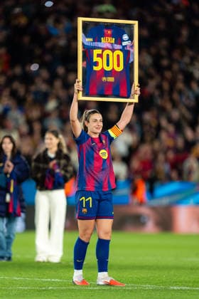 Spain-Football-Women Champions League - FC Barcelona, Barca v Real Madrid CF in Barcelona, Spain. Barcelona, Spain, 2, April, 2026. FC Barcelona woman player (11) Alexia Putellas celebrates 500 matches as a FC Barcelona player during Women Champions League match between FC Barcelona and Real Madrid CF in Spotify Camp Nou Stadium, Barcelona, Spain, on April 2, 2026. Barcelona Spotify Camp Nou Stadium Barcelona Spain