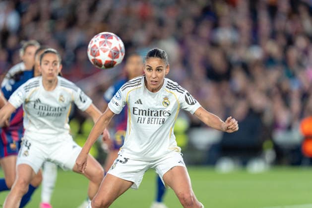 Spain-Football-Women Champions League - FC Barcelona, Barca v Real Madrid CF in Barcelona, Spain. Barcelona, Spain, 2, April, 2026. Real Madrid Femenino player Maelle Lakrar (23) during Women Champions League match between FC Barcelona and Real Madrid CF in Spotify Camp Nou Stadium, Barcelona, Spain, on April 2, 2026. Barcelona Spotify Camp Nou Stadium Barcelona Spain