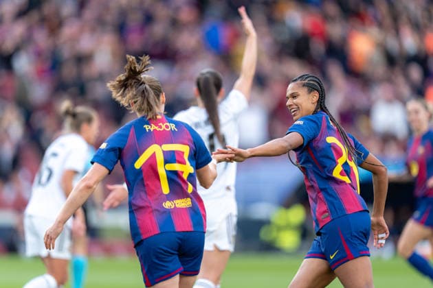 Spain-Football-Women Champions League - FC Barcelona, Barca v Real Madrid CF in Barcelona, Spain. Barcelona, Spain, 2, April, 2026. FC Barcelona player (17) Ewa Pajor and (24) Esmee Brugts celebrates the score of (11) Alexia Putellas during Women Champions League match between FC Barcelona and Real Madrid CF in Spotify Camp Nou Stadium, Barcelona, Spain, on April 2, 2026. Barcelona Spotify Camp Nou Stadium Barcelona Spain