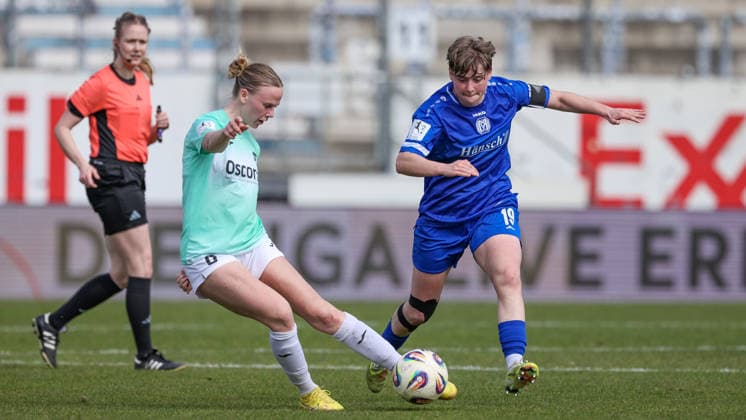 from left Milena Fischer SC Sand, 6 and Lea Mauly SV Meppen, 19 in a duel, dynamic, action, action, game scene, THE DFB REGULATIONS PROHIBIT ANY USE OF PHOTOGRAPHS AS IMAGE SEQUENCES AND OR QUASI VIDEO , 04 04 2026, Meppen Germany , Football, 2 Womens Bundesliga, SV Meppen SC Sand xobx